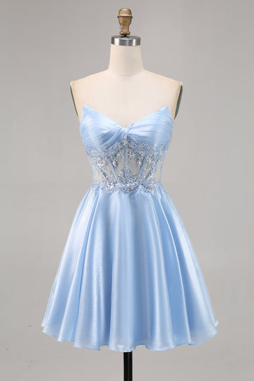 Sparkly Light Blue Strapless Corset Short Cocktail Dress with Sequins